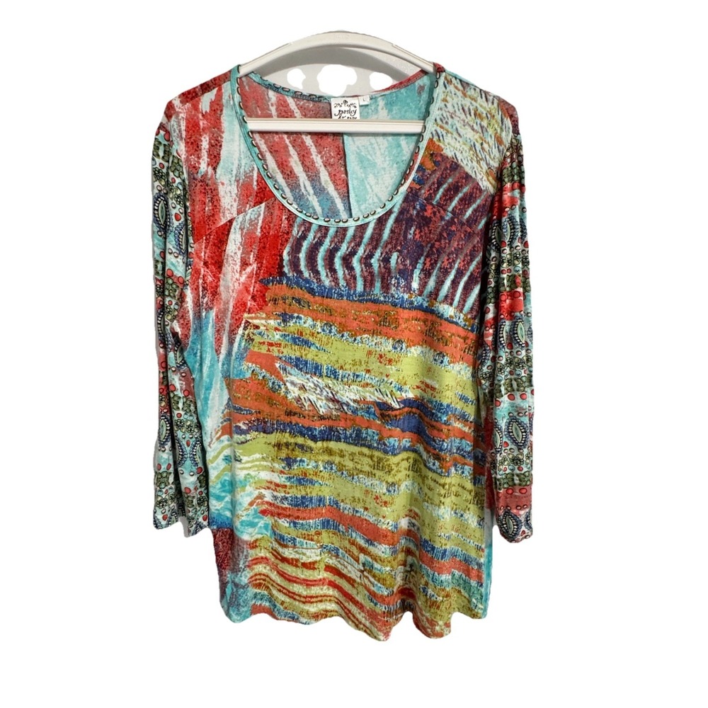 Parsley & Sage Women Artsy Multicolor Tunic Top Boho Rayon Stretch Large